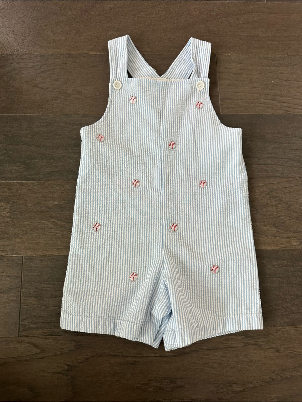 Light Blue Seersucker Shortalls with embroidered baseballs- kids size 24 m